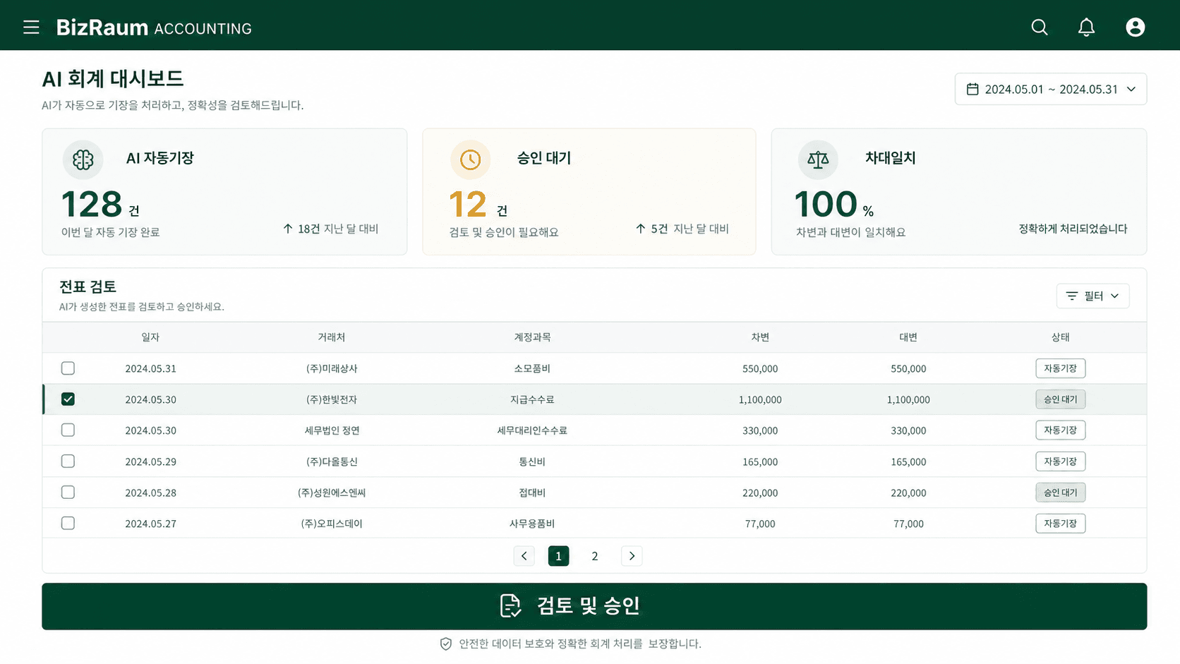BizRaum Bookkeeper AI 회계 프로그램 화면